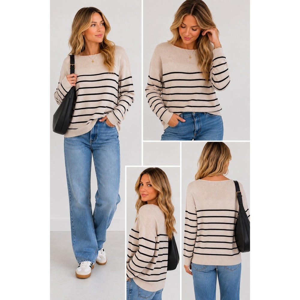 GAP Boat Neck Sweater Womens XXL Oatmeal Black Striped Rib Yoke Cotton Knit
